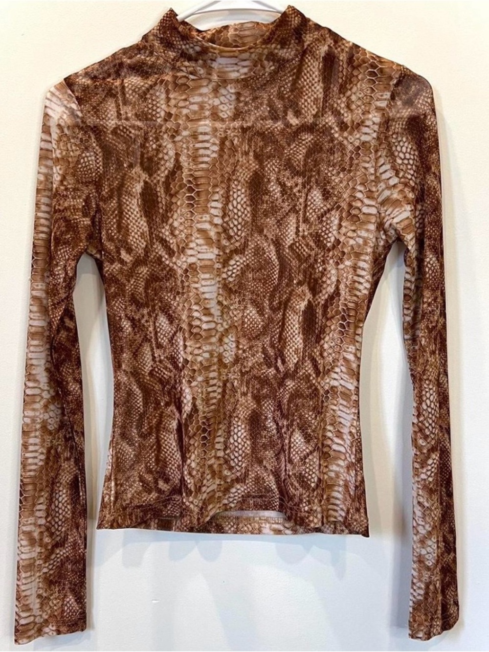 superdown Brown Snake-Print Mesh Top